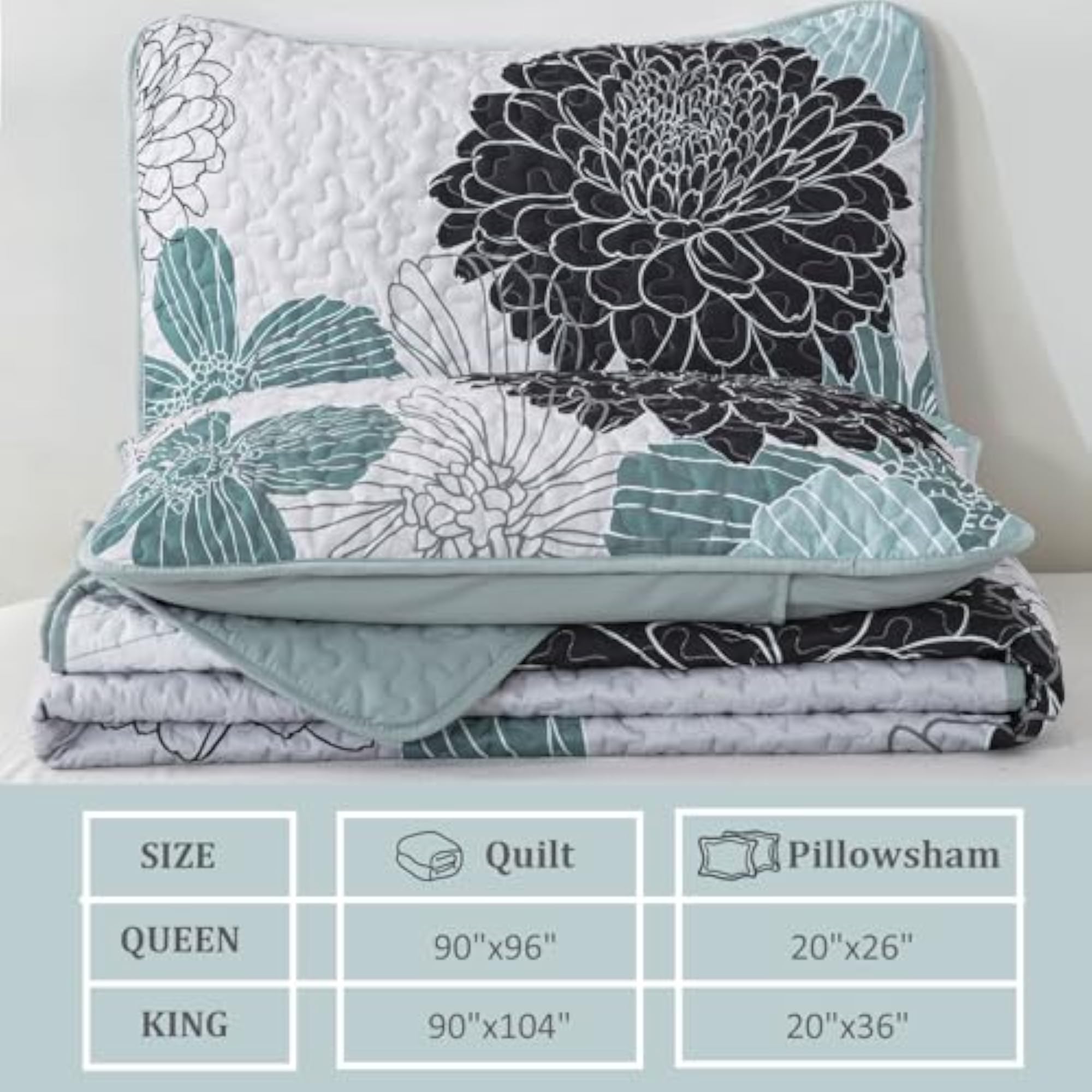 3 Pieces Grayish Blue Floral Quilt Set, King Size
