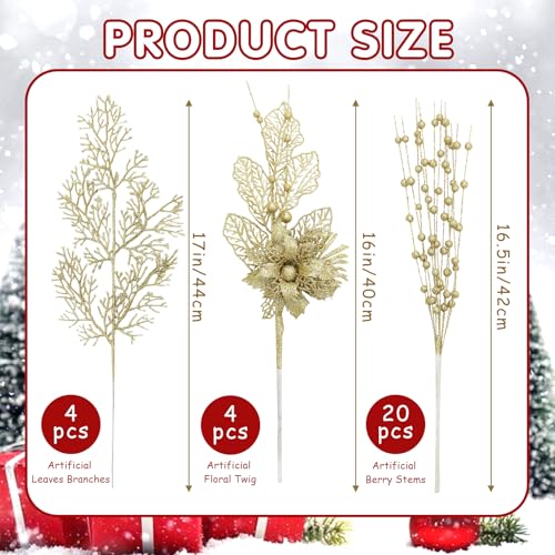 UXORSN 28 Pack Gold Christmas Tree Decorations Artificial Glitter Berry Flowers Stems Branches Christmas Foliage Picks Xmas Tree Ornaments Floral Twig Sticks for Vase Holiday Wedding Party Decor - Image 3