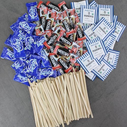 Image of Nescafae Classic Coffee Sachets With Mawana White Sugar Sachets Combo With Everyday Dairy Creamer | Stirrer Stick, White Sugar, Coffee, Creamer (each 100)