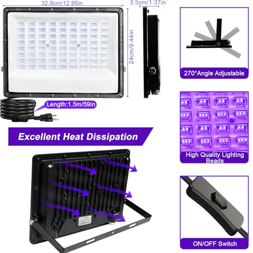 Image of CREATESTAR 150W LED Black Light, 395-400nm UV Black Lights for Glow Party, IP66 Waterproof Blacklight Flood Light with Plug+Switch, Glow in The Dark, Halloween Lights, Body Paint, Aquarium, Neon Glow