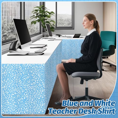 Image of 9FT Blue and White Composition Table Skirt Teacher Desk Skirt for Composition Notebook Classroom Decor Rectangle Table Cover for Back to School Party Supplies Kindergarten Office Bookcase Cabinet
