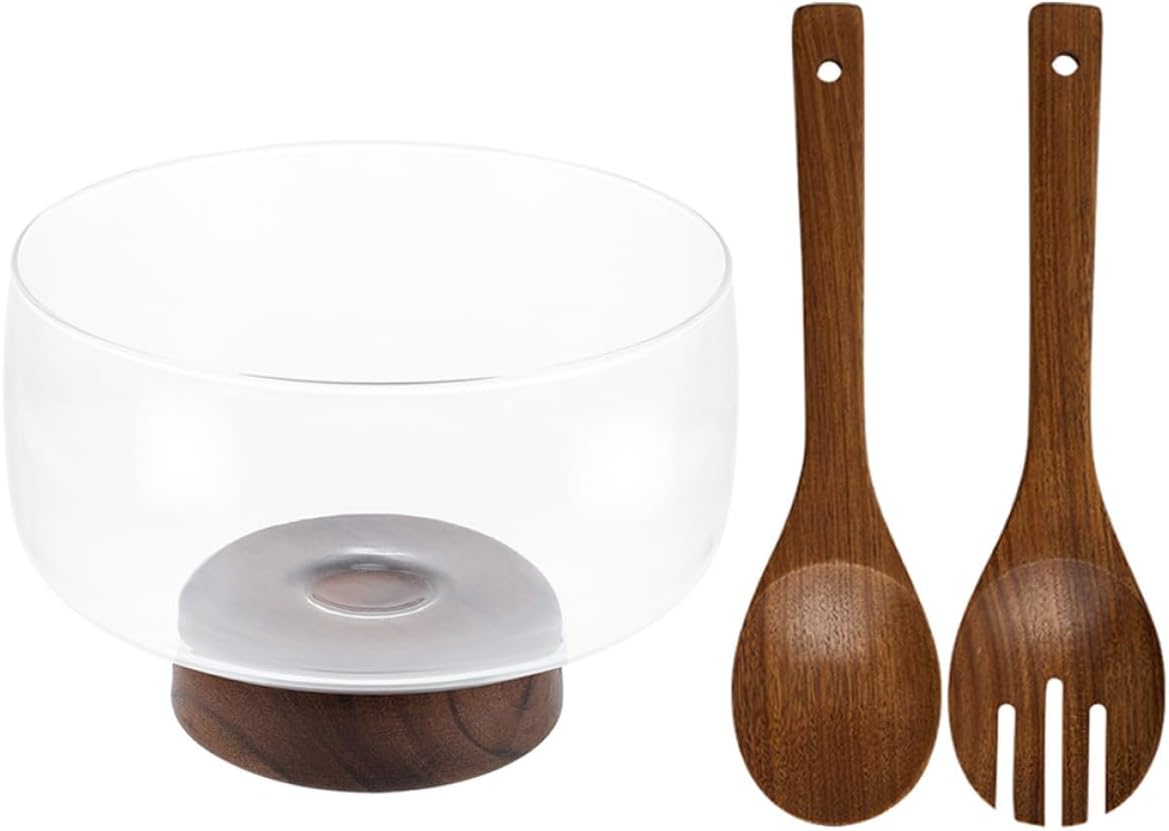 Tofficu Glass Fruit Bowl with Acacia Wood Base, Small 3pcs Set Including Glass Salad Serving Bowl, Wooden Spoon and Fork, Decorative Kitchen Dessert Container for Fruit, Salad, and Snacks