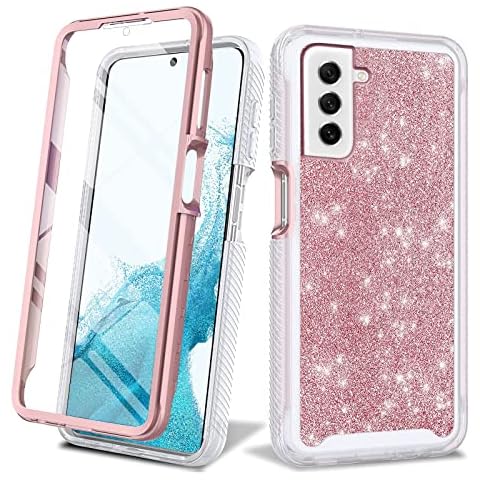 FineFinet Compatible with Samsung S22 Case and Screen Protector, Galaxy S22 Glitter Sparkle Full Body Case for Women Girls, Premium Protection Shockproof Case for Samsung Galaxy S22 6.1'' - Pink Cover