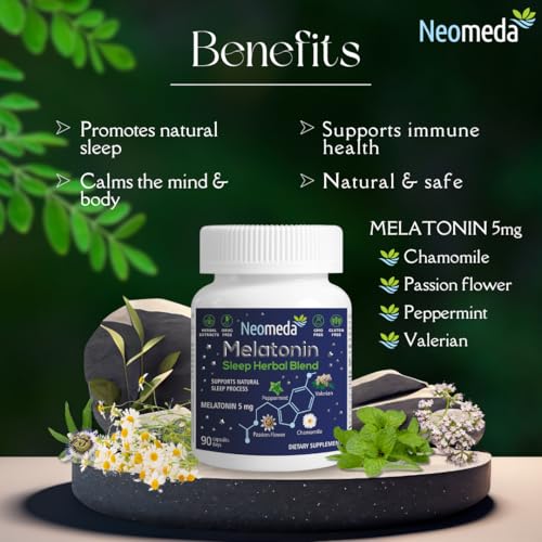 Neomeda Melatonin Sleep Herbal Blend - Natural Sleep Aid with 5mg Melatonin + Valerian, Chamomile, Passion Flower & Peppermint - Drug-Free Sleep Supplement, 90 Capsules - Image 5
