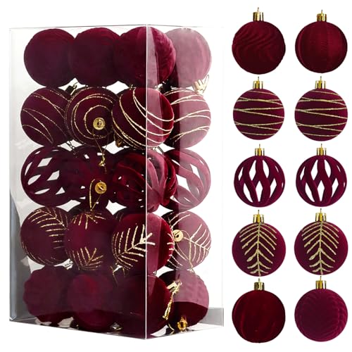 FILOEEX Set di 30 palline di Natale in velluto, glitterate, 6 cm, da appendere, per albero di Natale floccato, decorazioni per interni ed esterni, feste (rosso)
