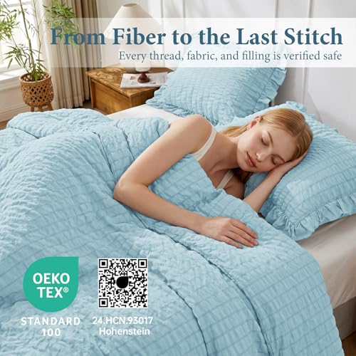 Image of JOLLYVOGUE Light Blue King Size Comforter Set, 3 Pieces Seersucker Comforter King Size, Lightweight & Fluffy Bedding Sets for All Season with 1 Ruffle Comforter and 2 Ruffle Pillowshams