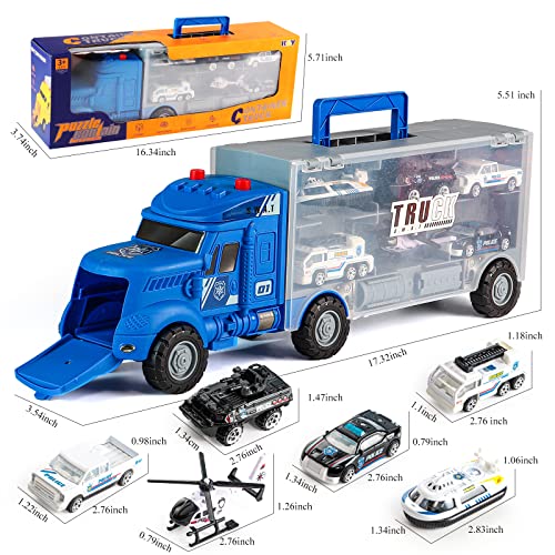 16 In 1 Police Truck Toy With Light And Sound,Transport Car Carrier Truck Toy With Mini Die-Cast Police Vehicles,Traffic Road Signs And Play Mat, Ideal Gift For Age 3+ Kids Boys & Girls (Police Truck) #TOP1