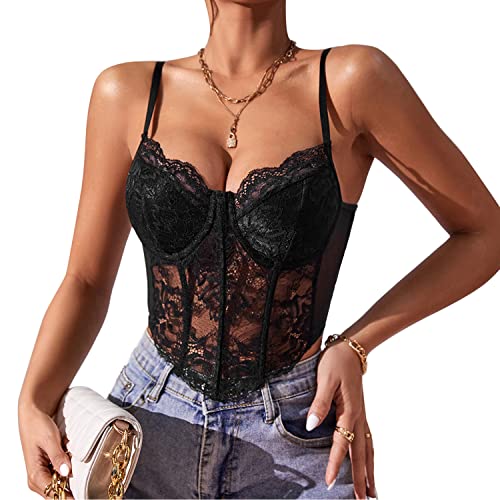 Tameya Summer Lace Corset Tops For Women, Sexy Spaghetti Strap Mesh Bustier Going Out Fish Boned Crop Tops (Black,L) #TOP1