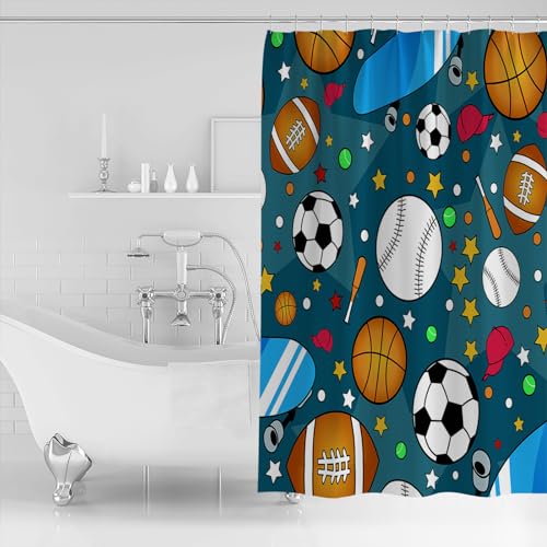 Anzona Sports Waterproof Shower Curtains Set - Small 36 x 72 Inch, Basketball Football Rugby Skateboard Teal Star Polyester Fabric Bathroom Curtain with 12 Hooks, Bathroom Accessories, 1 Panel