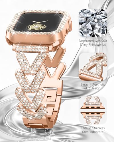 Image of Rhinestones Encrusted Metal Bracelet and Case, Compatible with Apple Watch Bands 38mm-49mm (Series 11 /1 /SE /Ultra 2)- Bling Gold Women's Jewelry Strap, Luxury iWatch Bracelet with Screen Protector