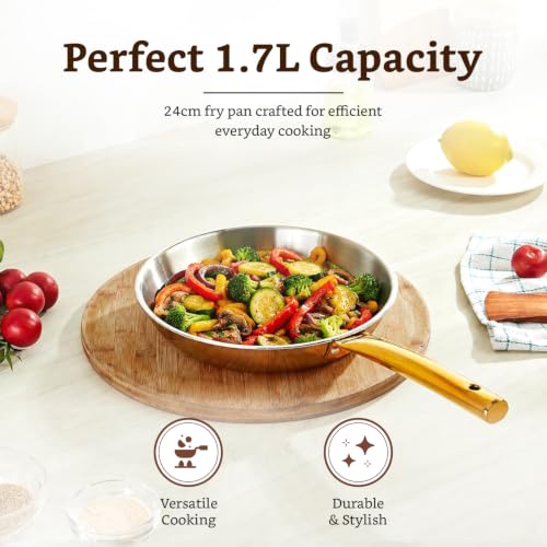 Image of Amazon Brand - Solimo Premium Triply Stainless Steel Frypan 24cm (1.7L) | Even Heating Triply Base | Gas & Induction Compatible | SS 304 Food-Grade | Dishwasher Safe | Elegant Golden Handles | BIS Certified