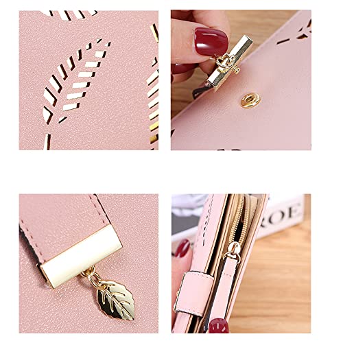 Mu Mianhua Ladies Purse Wallet, Leather Long Purse, Women Leather Wallet Purses Ladies Purse Clutch Holder Case Handbag with Cash/ID/Credit Card Holder Girls Coin Purses Hollow Leaf Zipper Wallet,2
