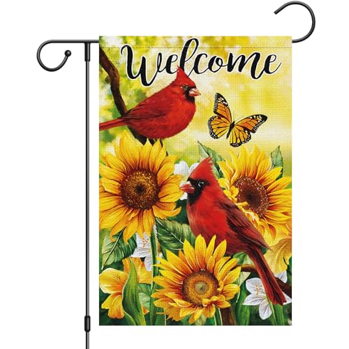 Heyfibro Welcome Summer Sunflower Garden Flag 12x18 Double Sided Burlap Spring Fall Cardinal Butterfly Yard Banner for Rustic Seasonal Outdoor Decoration (ONLY FLAG)