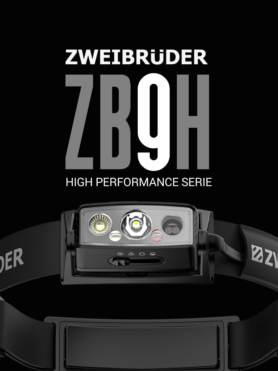 Zweibrüder ZB9H Stirnlampe mit 2000 Lumen – LED Kopflampe mit Auto Focus Technology. Rotlicht & Rücklicht. USB-C aufladbar. Integriertes USB-C Ladekabel. Ideal für Outdoor, Arbeit und Einsatz.