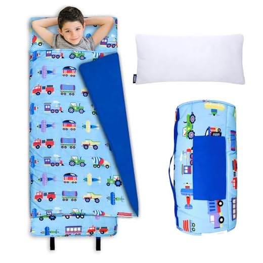 Wildkin Original Nap Mat with Pillow for Toddler Boys and Girls,Measures 50 x 20 x 1.5 Inches,Ideal for Daycare and Preschool,Mom's Choice Award Winner,BPA-Free,Olive Kids(Trains, Planes and Trucks)