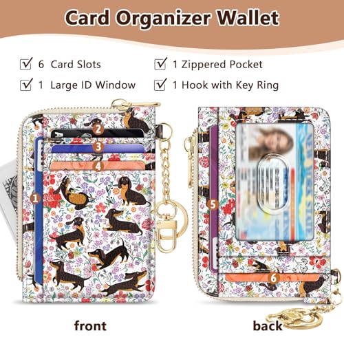Image of GIANCOMICS Slim Wallet Credit Card Holder Women, Dachshund Rfid Blocking Small Card Case, Keychain Thin Pocket Curved Zipper Wallet, Travel Card Holder PU Leather ID Window, Ladies Female Gifts
