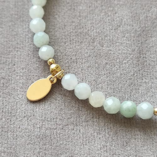 Genuine Natural Burma Jade, 4.0Mm Faceted Round, Stretch Bracelet With 14K Gold Filled Beads And Tag Charm #TOP3