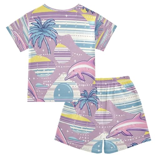 senya Short Sleeve Pajamas Sets Summer Cotton Sleepwear Pink Plam Tree with Jump Dolphin2