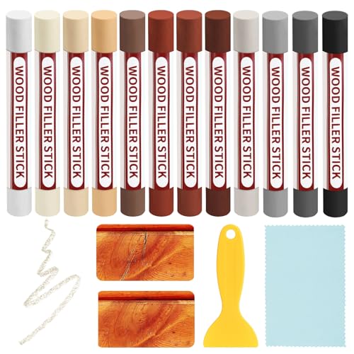 Forbabe Laminat Reparaturset, 12 Farben Holzwachs Reparatur WachsstäBchen mit Schaber und Reinigungstuch Beheizbar Holz Reparaturstift zum Auffüllen und Reparieren von Kratzern und Löchern auf Möbeln
