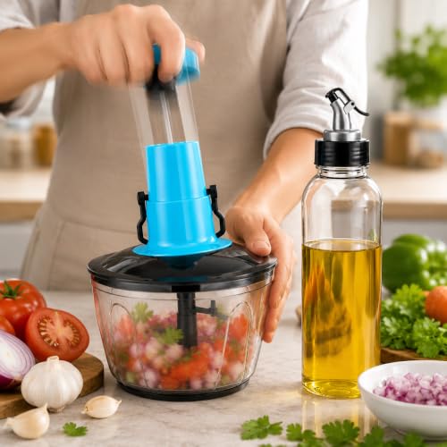 Image of 2-in-1 Kitchen Combo: Manual Vegetable Chopper with Oil Dispenser Bottle, Sharp Blade Cutter for Onion, Tomato & Garlic