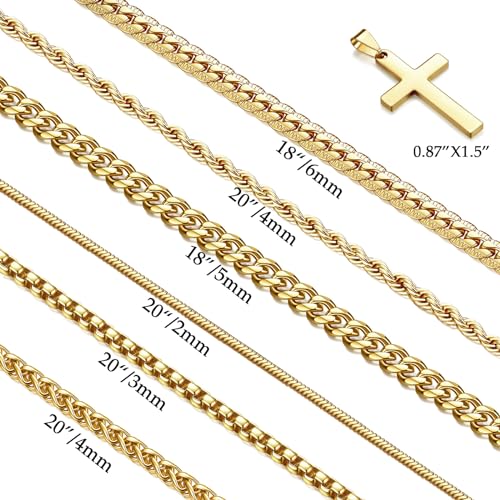 7 Pcs Mens Stainless Steel 18K Gold Plated Chain Necklace Jewelry Set for Men, 6 Chains and 1 Cross Pendant2