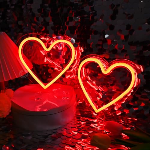Image of Britrio Red Heart Neon Sign for Girls Room Dorm Bedroom Wall Decor Art 2 Pcs LED Neon Heart Light Sign Wedding Anniversary Birthday Party Home Decor Gifts for Mothers Valentine Battery or USB Powered