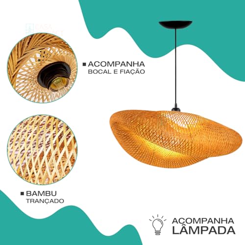 Kit 3 Luminária de Teto Lustre Pendente Bambu Honolulu Mini Rústico 40cm Bamboo