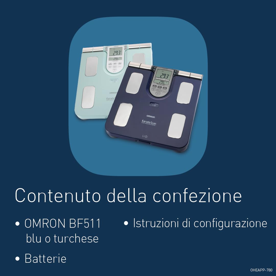 OMRON BF511 Analizzatore di composizione corporea clinicamente validato con 8 sensori ad alta precisione per misurare il corpo. Bilancia pesapersone digitale e di precisione.