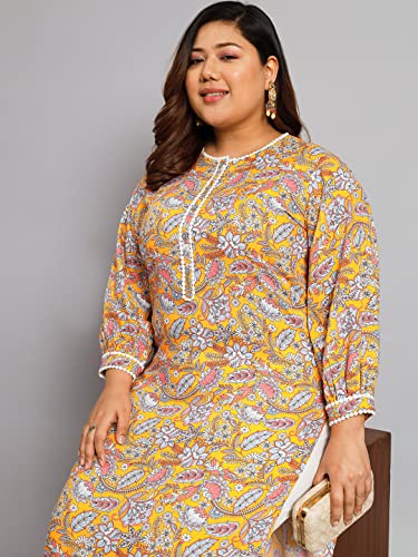 Tissu Women's Plus Size Yellow & Pink Printed Kurta with Palazzo4