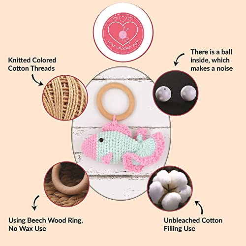 Image of Love Crochet Art Animal Shape Crochet Rattle Cum Soft Toy for Infant, Kids & Babies, Early Age Gift Toys (Fish - Pink)
