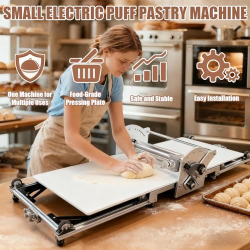 Sfogliatrice elettrica con design pieghevole e spessore regolabile, ideale per cottura professionale e casalinga