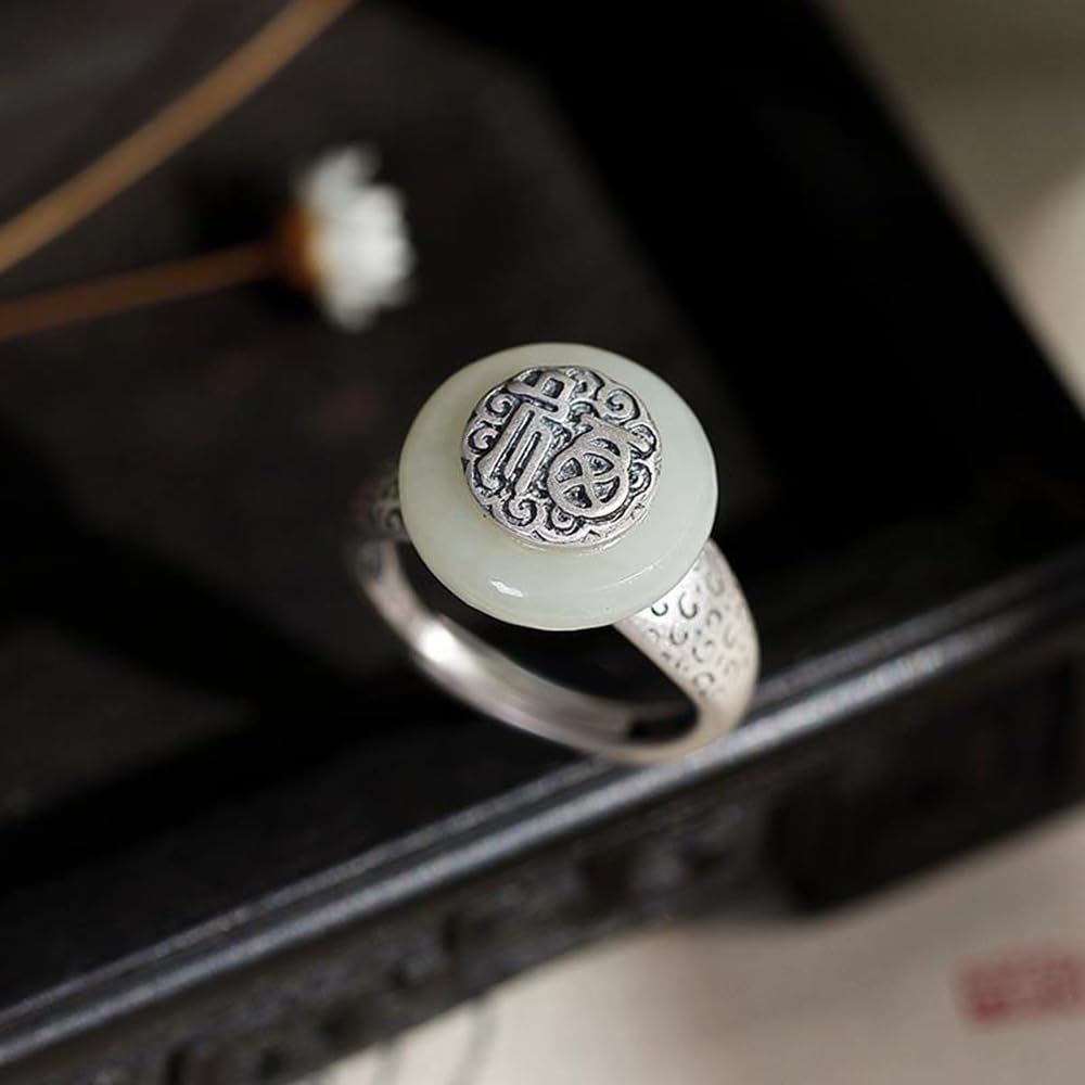 Seakeera S925 Silver with Natural White Jade Ping An Buckle Fu Zi Ring (Opening Adjustable) for Women Yoga Genuine 1