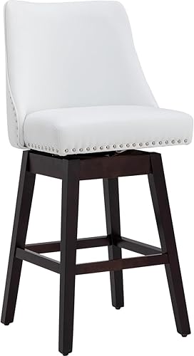 Kmax Taburetes de bar giratorios de cuero con patas de madera, reposapiés con cabeza de clavos para isla de cocina, juego de 2 unidades, color blanco