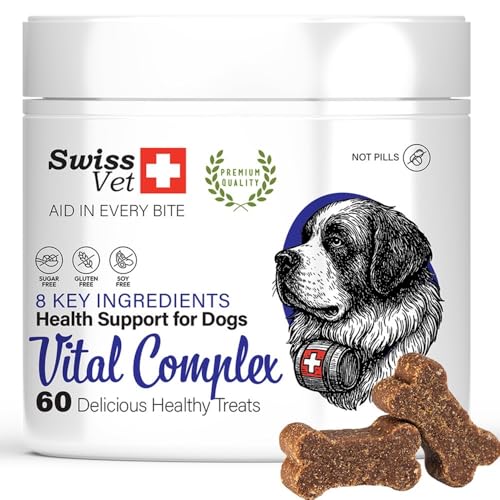 SwissVet 8 en 1 Multivitamines Chien - 60 Friandises Articulation -Glucosamine, Chondroïtine, MSM, Collagène -Digestion (Probiotiques) & Huile de Saumon...