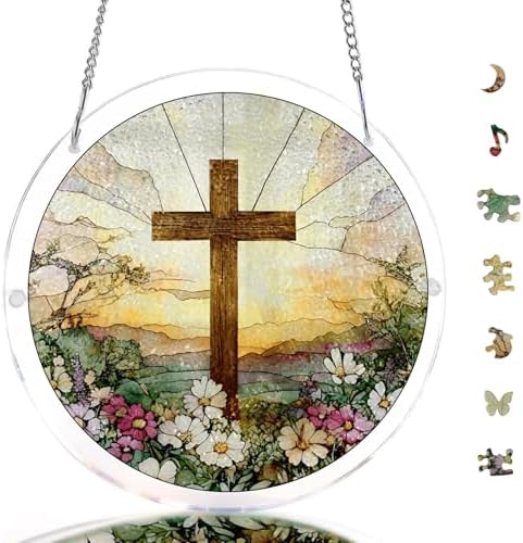Acrylic Puzzle Suncatcher,Sun Catchers Puzzles Window Hanging for Home Decor,Cross and Wildflowers Sun Catcher Jigsaw Puzzle,DIY Gift for Women,Mom,Friends(83 Pieces,7 in)