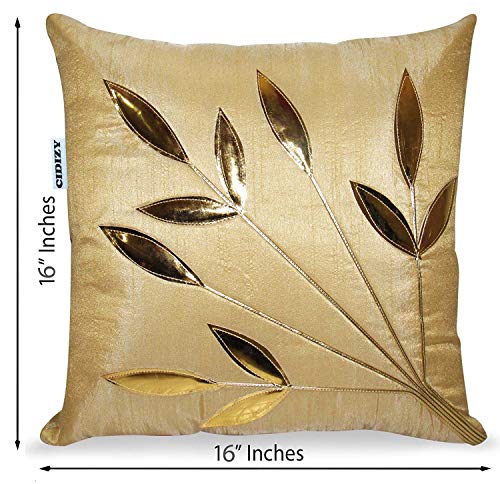 Image of Silk Golden Floral Cushion Covers, 16x16 Inch, Cream Beige, Set of 5