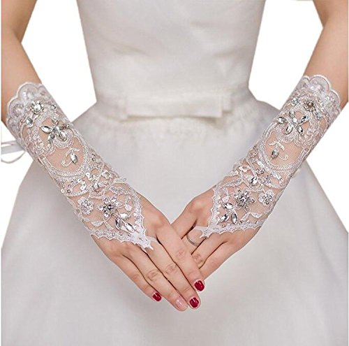 MisShow Lace Fingerless Rhinestone Bridal Gloves for Wedding Party