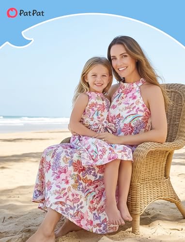 Image of PATPAT Family Hawaiian Matching Outfits - Mommy and Me Vacation Outfits | Halter Sundresses and Button Down Shirts,Caribbean Vacation Summer Tropical Outfits,Hawaiian Boho Tropical Floral Printed