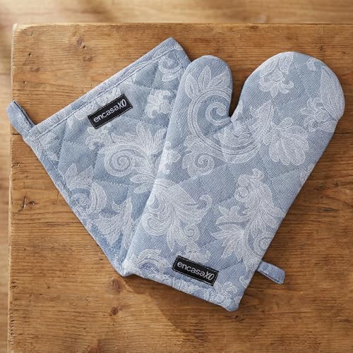 Image of Encasa XO Heat Resistant 100% Cotton Oven Glove & Potholder Set with Loop, Kitchen Cooking Mittens, Microwave Safe Hot Pads (Floral Blue)