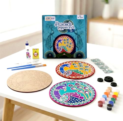 Image of HOBBY INDIA Lippan Art and Craft Materials Kit for Adults and Beginners I Premarked MDF Board Mandala Art Painting DIY Kit for Room Wall Hanging Office and Home Decoration (Peacock)