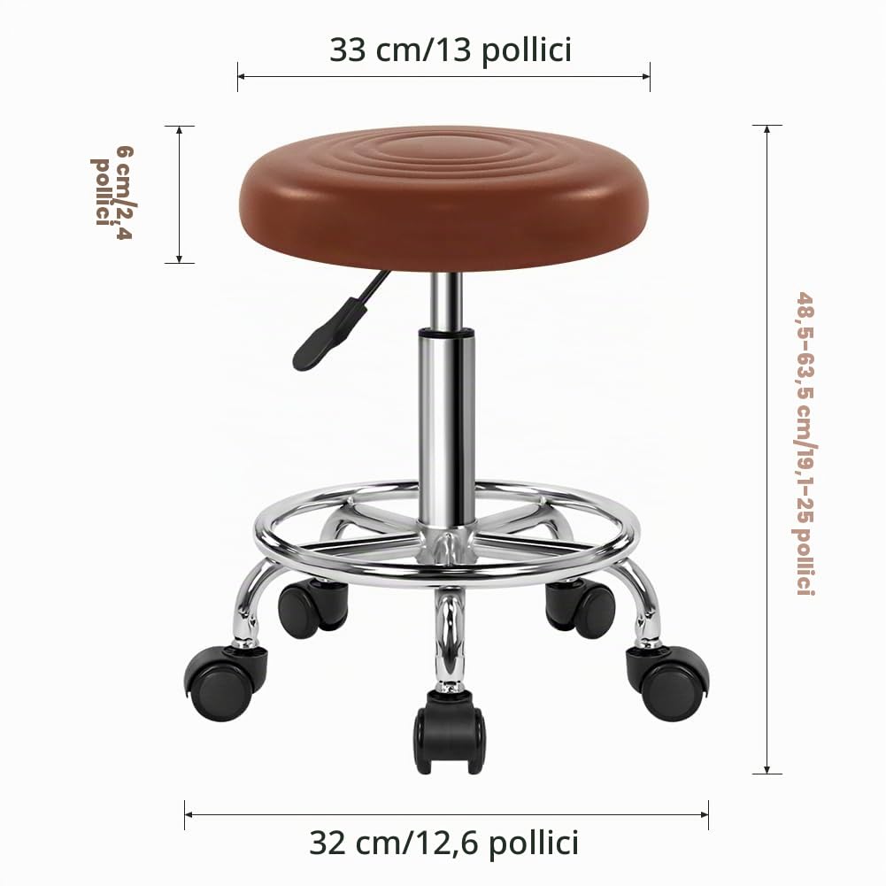 WKWKER Sgabello Rotondo Di Bellezza Rotolante Su Ruote In Pelle PU Girevole Regolabile In Altezza Salon Chair Sgabello Cucina Lavoro SPA Sgabelli Con Ruote (Marrone)