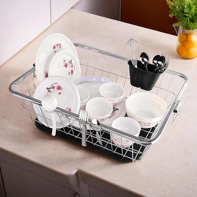 Image of E-COSMOS Stainless Steel Basket for Utensils Dish Drainer Kitchen Organizer | After Wash Utensils Basket /Dish Drying Rack Suitable,Crockery, Plates & Bowl with Spoon Holder (22x16x9 in) (Large)