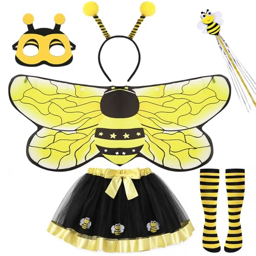 Beipegin 6 Piezas Disfraz Abeja Niña,Falda Tutú Alas Lady Bug Máscaras Guantes Diadema Calcetines Disfraz de Mariquita Disfraces Carnaval Halloween Cosplay