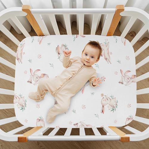Image of CaTaKu Baby Crib Sheets Cute Rabbit Bunny Woodland Mini Crib Sheets Fitted for Girls Boys,Neutral Soft Toddler Mattress Bed Sheets for Crib,27 inchx 39 inch
