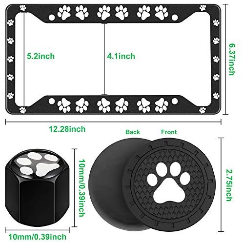 2 Pieces Paw License Plate Cover Paw Print License Plate Frame Aluminum Alloy License Plate Covers With 4 Pieces Paw Valve Stem Caps And 2 Pieces Paw Cup Pads(Black Frame) #TOP1