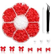 300Pcs Bow Nail Charms and Flatback Pearls,Red Bowknot 3D Cute Nail Charms for Acrylic Nail Suppl...