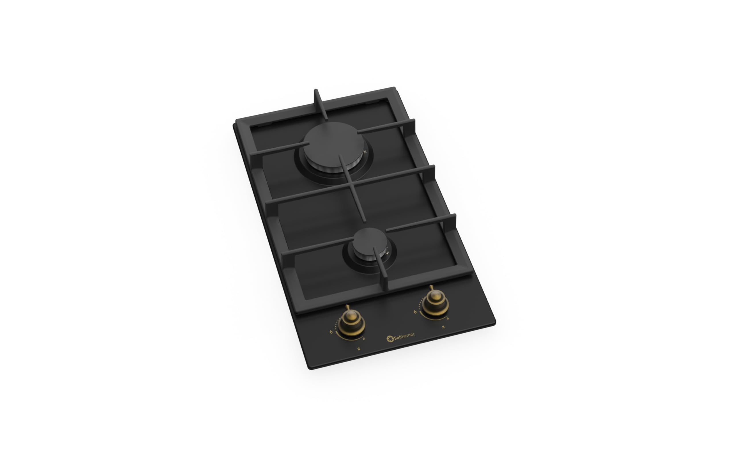 SOLTHERMIC BL152 PLACA GAS NEGRA RUSTICA CON MANDOS DORADOS/ANCHO 30 CM / 2 FUEGOS CON ENCENDIDO AUTOMATICO/PARRILLA HIERRO FUNDIDO