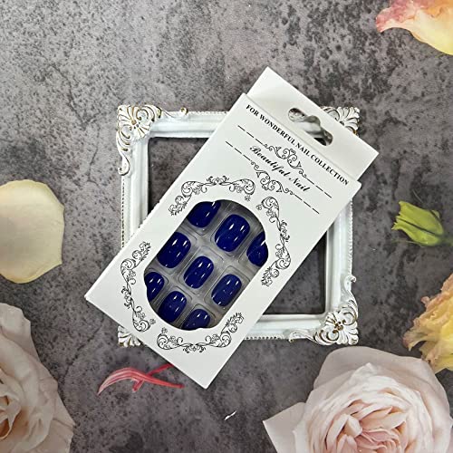 Mlovew 24Pcs Press On Nails Short Fake Nails Solid Dark Blue False Nails Simple Short Round Full Cover Glue On Nails For Women Nail Stickers Nails Tips Decorations Acrylic Nail Kit #TOP4