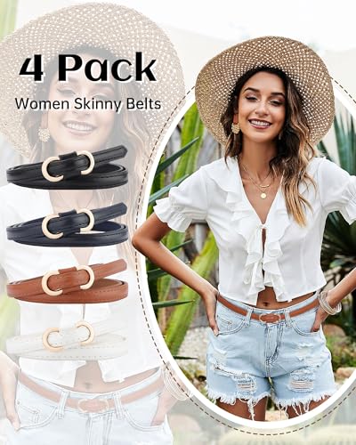 AWAYTR 4 Pack Women Skinny Belt - No Hole Fashion Thin Waist Belt for Dress Jeans Coats with Gold Buckle2