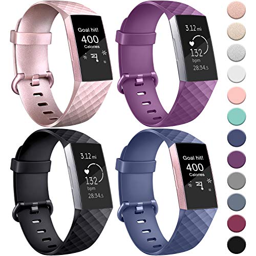 AK pour Fitbit Charge 3 Bracelet, Remplacement Réglable Sport Bracelets pour Fitbit Charge 3 (4-Pack Black+Rose Gold+Purple+Blue, Small)